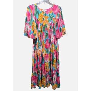 Go Softly Patio Dress Women's XL Colorful Tropical Rayon Pocket Pullover Midi